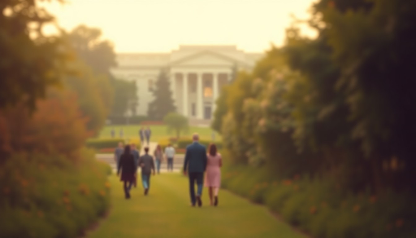 An abstract, impressionistic photograph in soft, warm tones depicting people walking through a lush, verdant garden path, with the faint outline of the Obama Presidential Center's architecture visible in the background, conveying a sense of calm and contemplation.