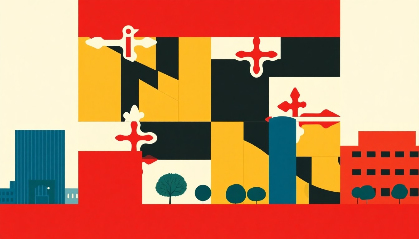 A minimalist illustration using bold geometric shapes and primary colors to conceptually represent the need for Maryland to align its economic development financing tools with the demands of large-scale, multi-phase projects that are reshaping regional economies.
