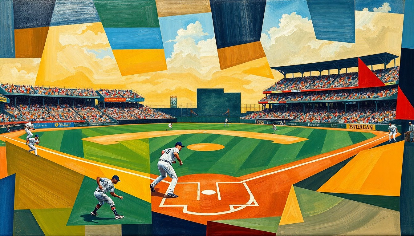 A cubist-style painting depicting a baseball game broken down into fragmented geometric shapes and planes of color, capturing the raw energy and dynamism of the Pirates' starting pitchers.