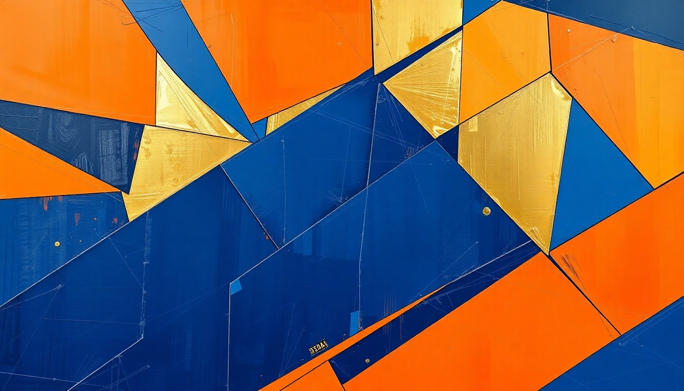 A cubist, geometric painting depicting a fragmented WNBA basketball game, with sharp planes of navy blue, bright orange, and metallic gold overlapping to create a dynamic, abstract composition.