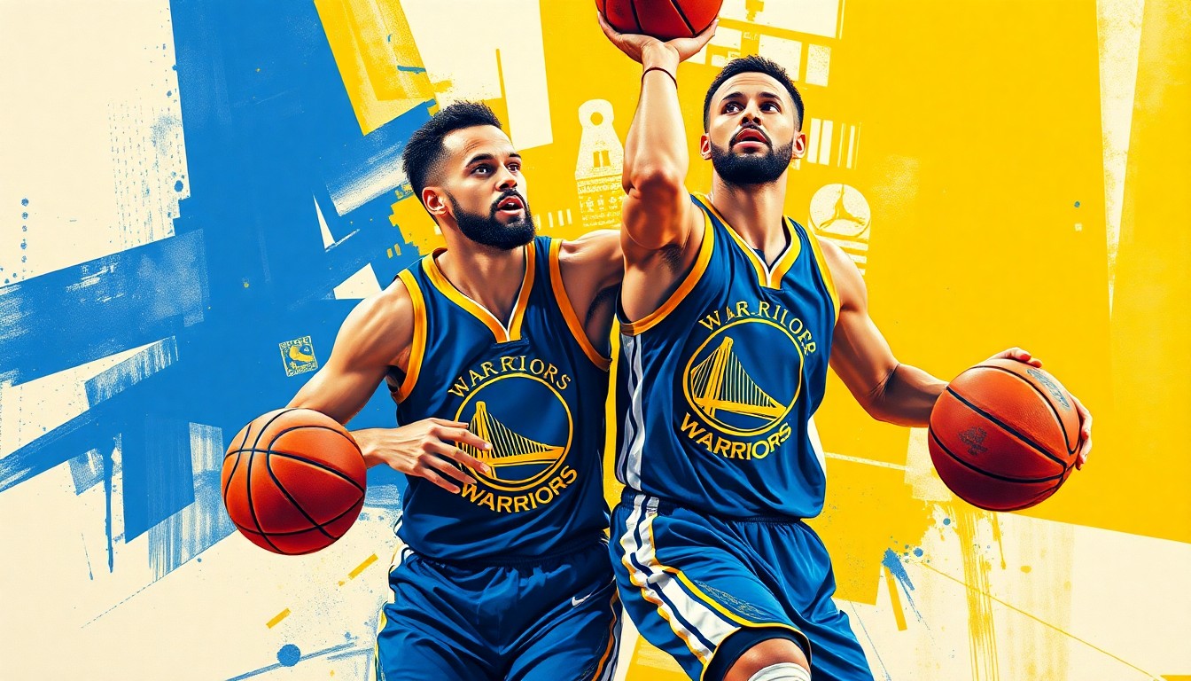 A fractured, multi-perspective painting depicting the Curry brothers playing basketball together, with their uniforms and movements broken down into sharp, overlapping geometric shapes and planes in vibrant blue, gold, and other colors.