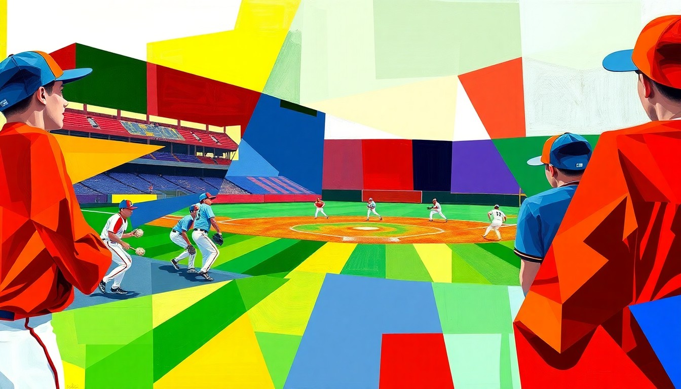 A fragmented, geometric painting depicting the dynamic action and movement of a high school baseball or softball game, with sharp planes of color representing the players, field, and uniforms.