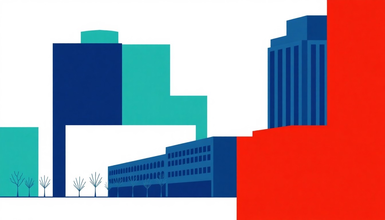 A geometric abstract illustration using bold shapes and primary colors to represent the economic growth and impact of the Red River Cultural District in Austin.