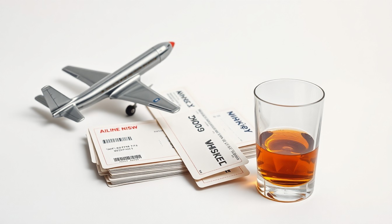 A minimalist studio still life featuring a polished metal airplane model, a stack of airline tickets, and a glass of whiskey on a clean, monochromatic background, conceptually representing the abstract challenges of global aviation strategy and financial risk during wartime.