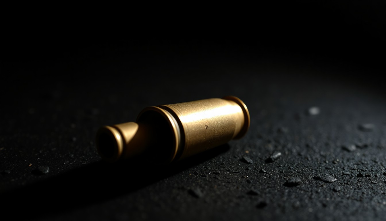 An extreme close-up photograph of a spent shell casing on a dark, textured surface, lit by a harsh, direct camera flash, conceptually illustrating the aftermath of a shooting incident.