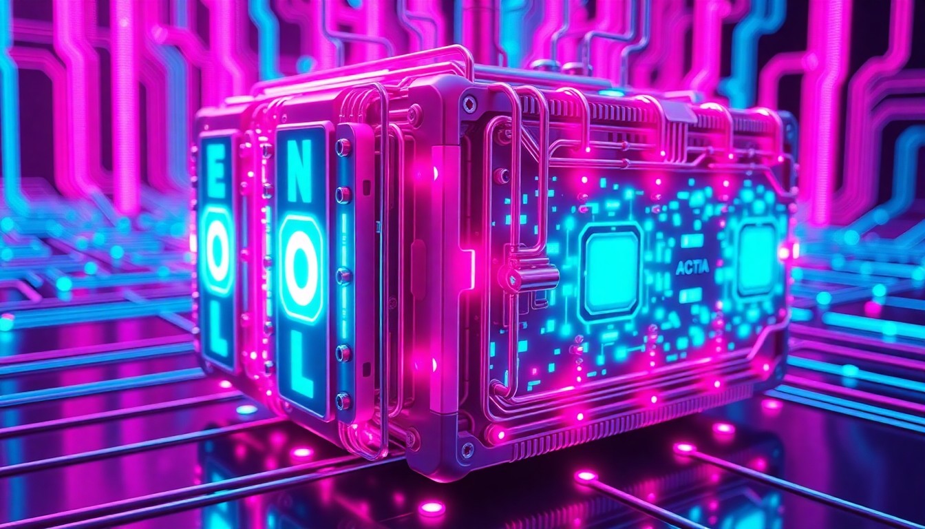 A highly detailed, glowing 3D illustration of a complex, futuristic AI processing unit or neural network, rendered in a neon cyan and magenta color palette, conveying a sense of advanced, cutting-edge technology.