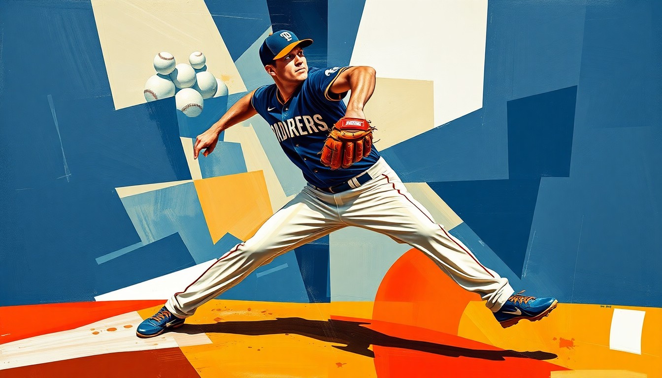 A fragmented, cubist-style painting depicting a baseball pitcher's windup and delivery, with sharp, overlapping geometric shapes in the Padres' team colors of navy blue, sand, and orange.