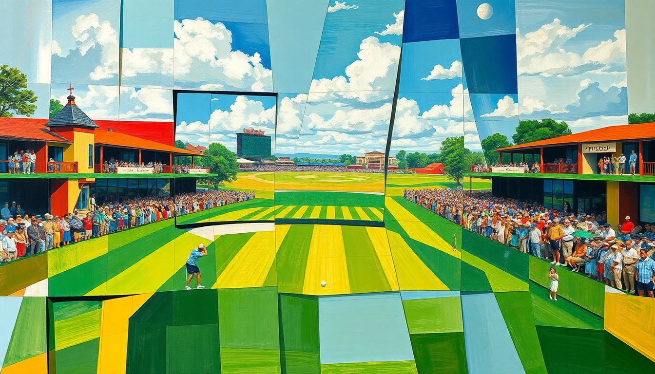 A cubist, geometric painting depicting a fragmented golf tournament scene, with overlapping planes of color and shape representing the complex emotions surrounding the event.