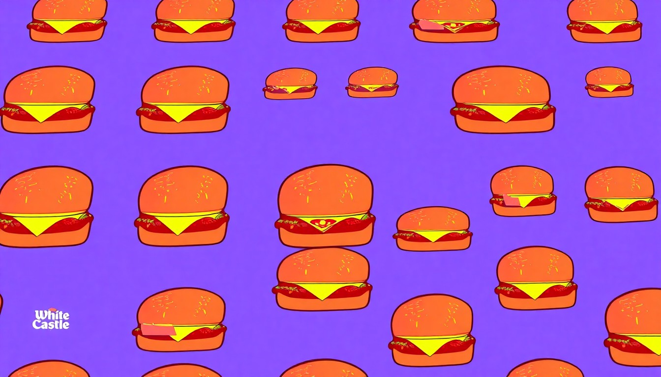A vibrant, high-contrast silkscreen illustration of a White Castle slider repeated in a grid pattern, rendered in a bold, neon color palette that transforms the classic fast-food item into a modern pop art piece.