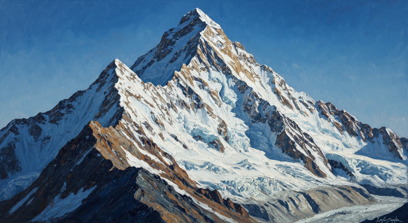 A textured oil painting in the style of Vincent Van Gogh, depicting the towering K2 mountain peak in Pakistan with bold, expressive brushstrokes and a vibrant color palette, capturing the grandeur and peril of high-altitude mountaineering.