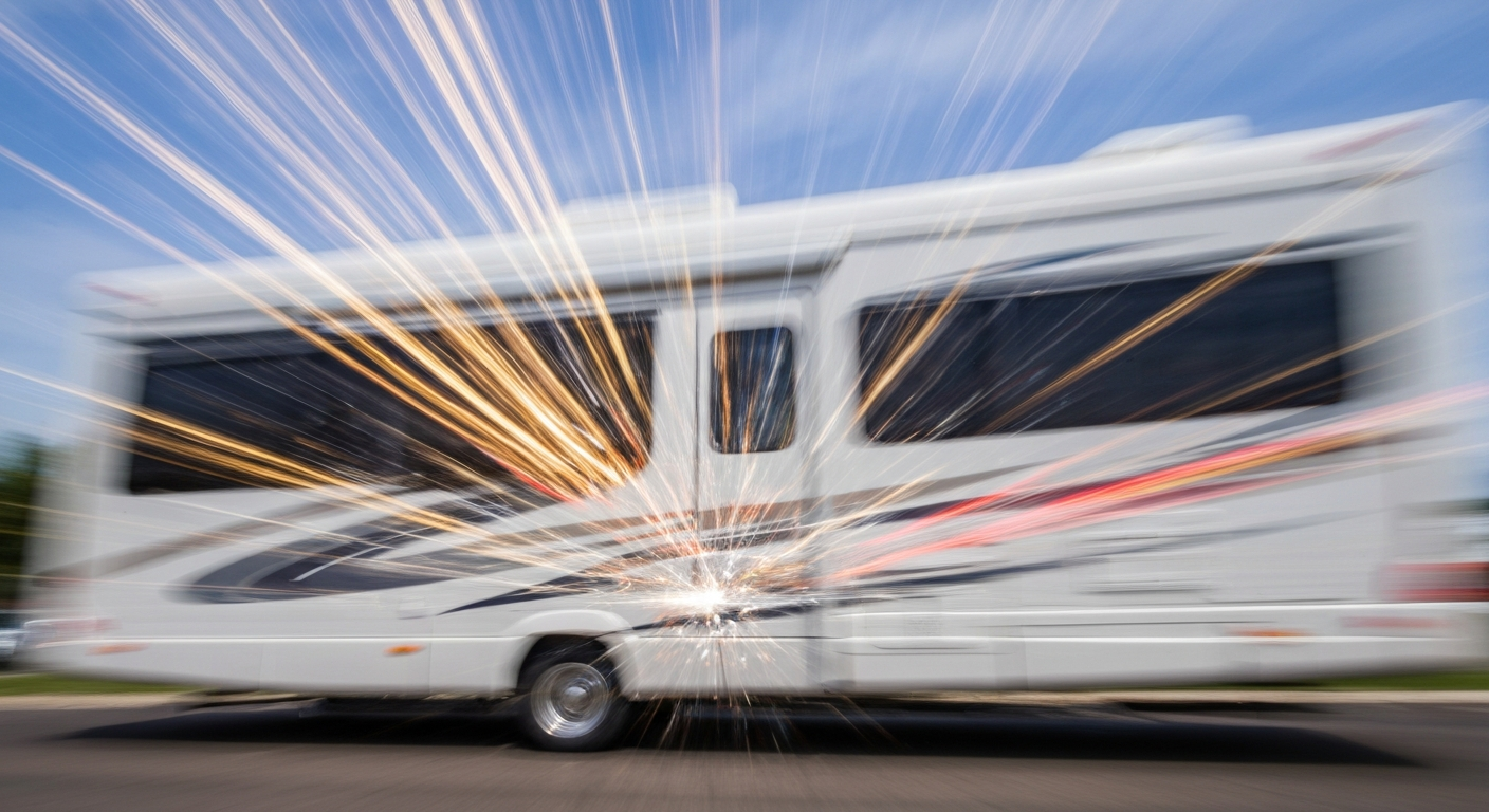An abstract, colorful image created through a slow-shutter, panning camera technique, depicting a recreational vehicle as sweeping, blurred streaks of motion, conveying the excitement and freedom of RV travel.