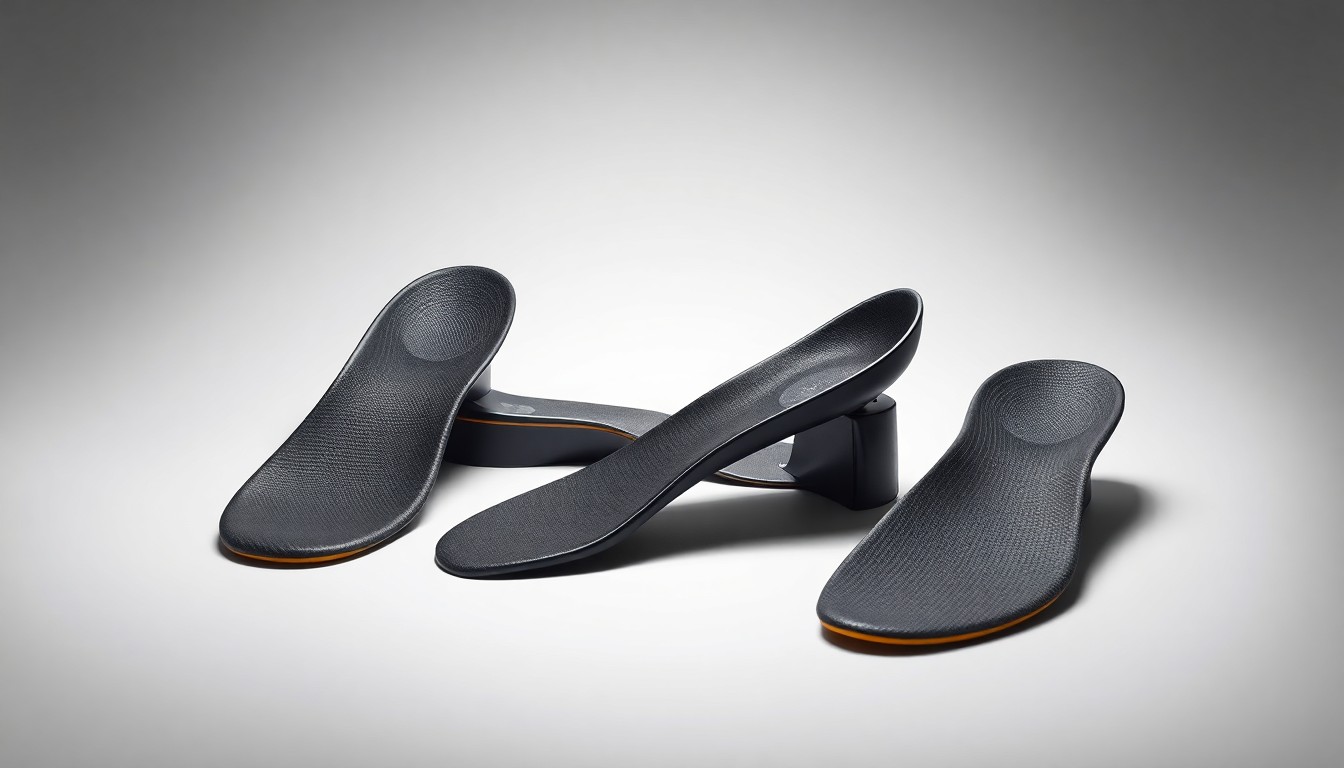 A collection of modern, minimalist shoe insoles made from various materials like foam, gel, and carbon fiber, arranged in a clean, studio-lit still life to represent the technological advancements and sustainable innovations driving the global shoe insoles market.