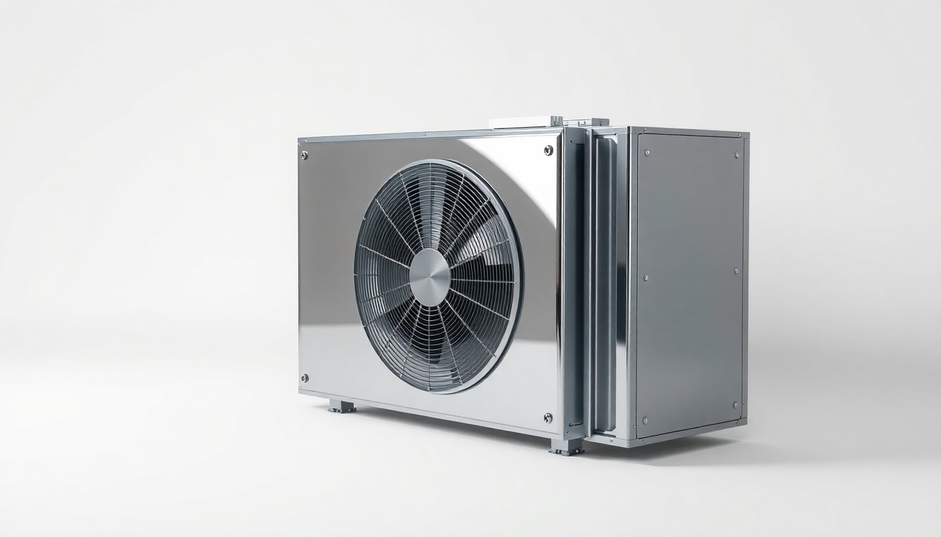 A high-end, photorealistic studio still-life photograph featuring a polished, chrome HVAC unit with clean geometric shapes, arranged elegantly on a solid white background with dramatic studio lighting and deep shadows.