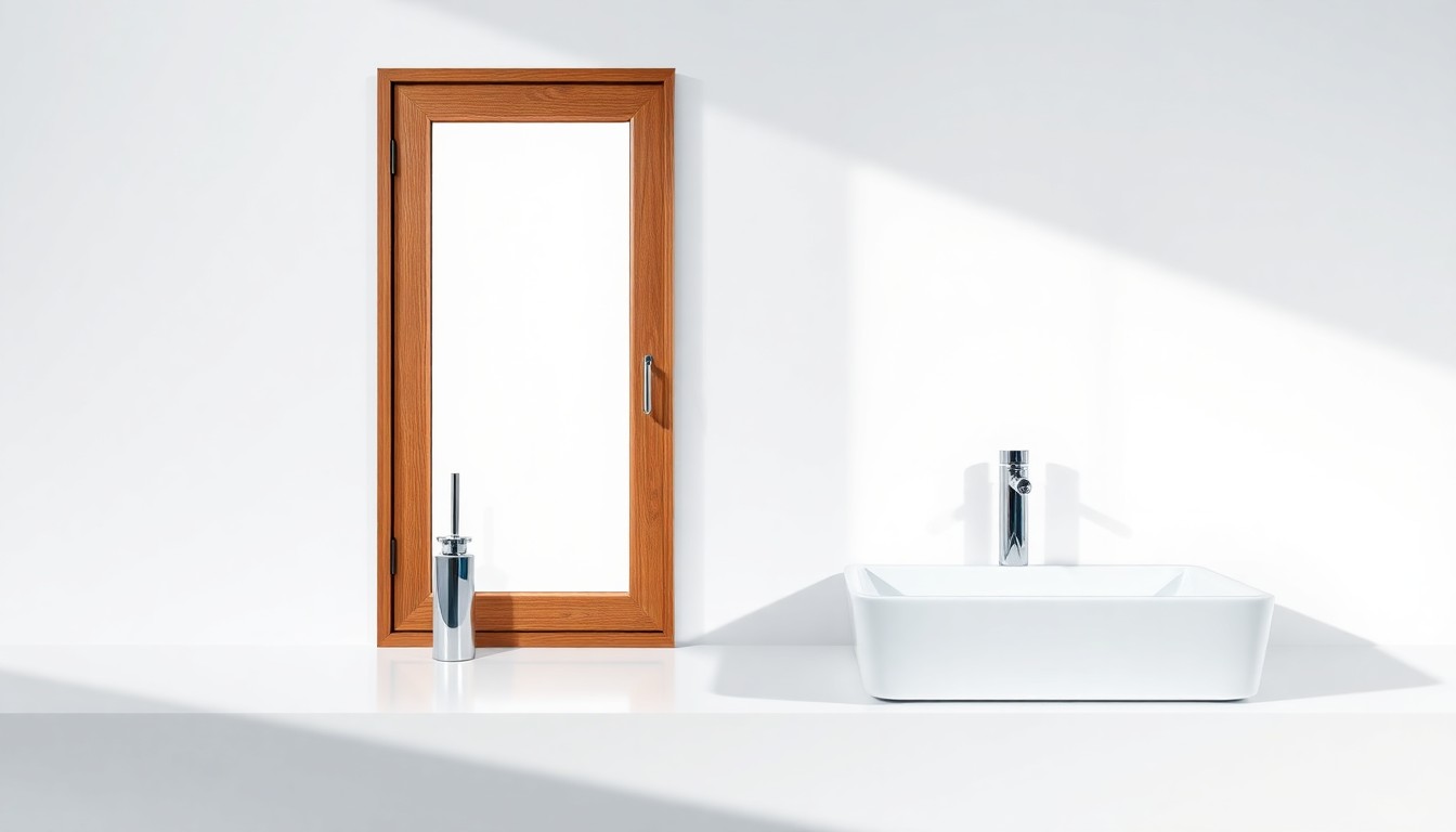 A minimalist studio still life photograph featuring a polished wood window frame, chrome door handle, and white bathroom vanity top, symbolizing the high-end home improvement services offered by Windows Plus LLC.