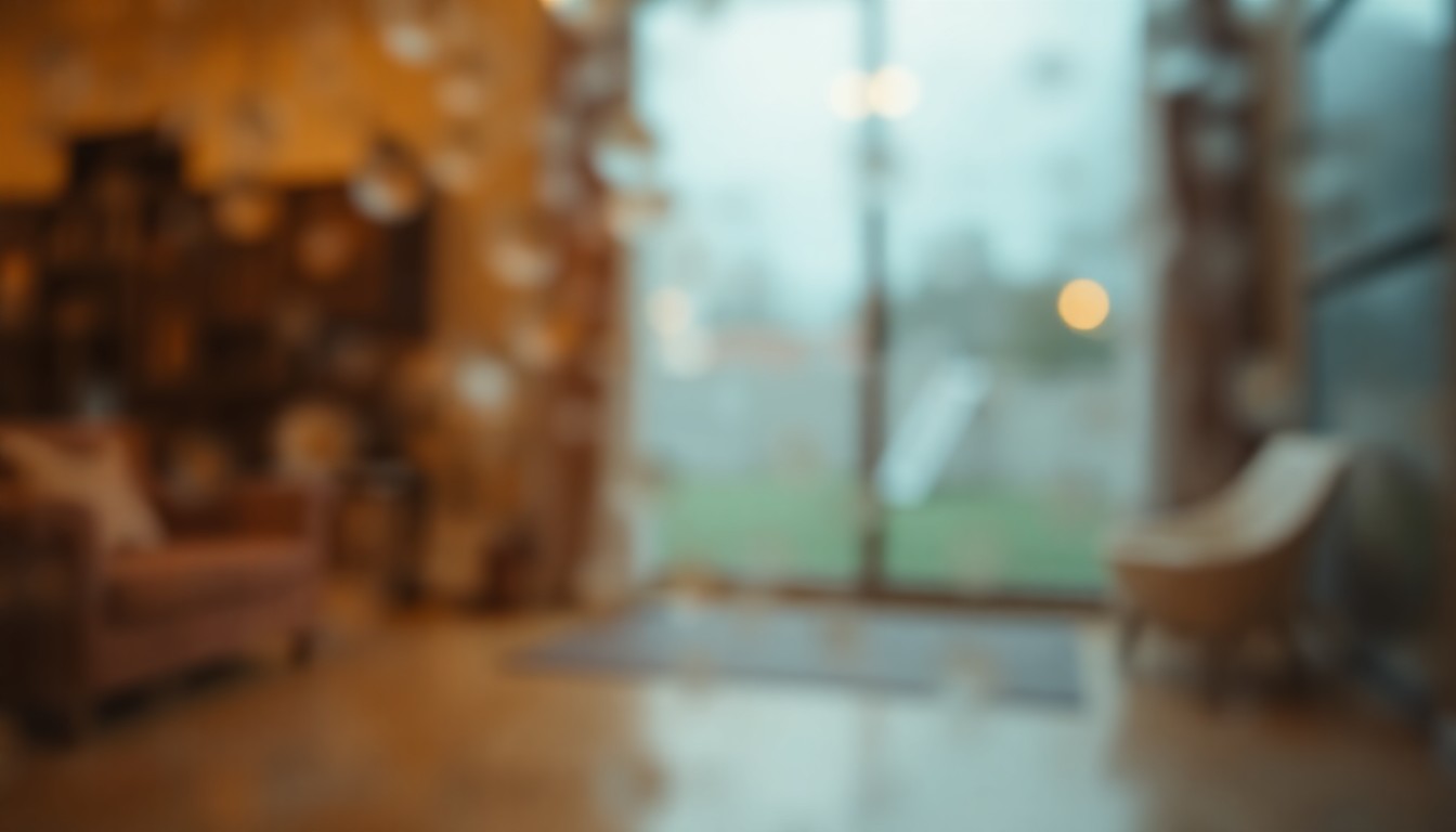 An extremely blurred, impressionistic photograph in warm tones, depicting a soft, calming atmosphere after water damage has been resolved, without any identifiable objects or people.