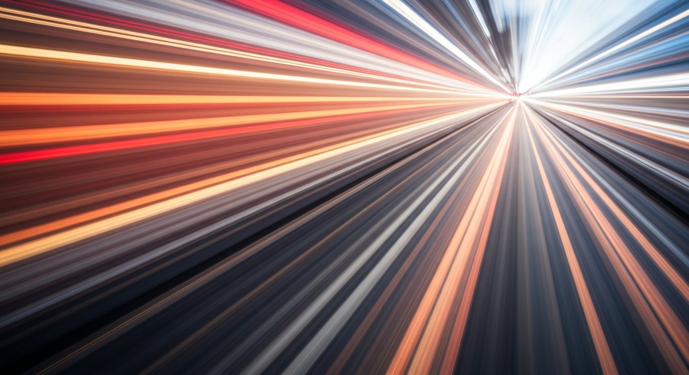 Široki, raznobojni potezi kista u nijansama crvene, narančaste i plave prenose kretanje i brzinu vozila, konceptualno predstavljajući brzi svijet modernog popravka automobila.