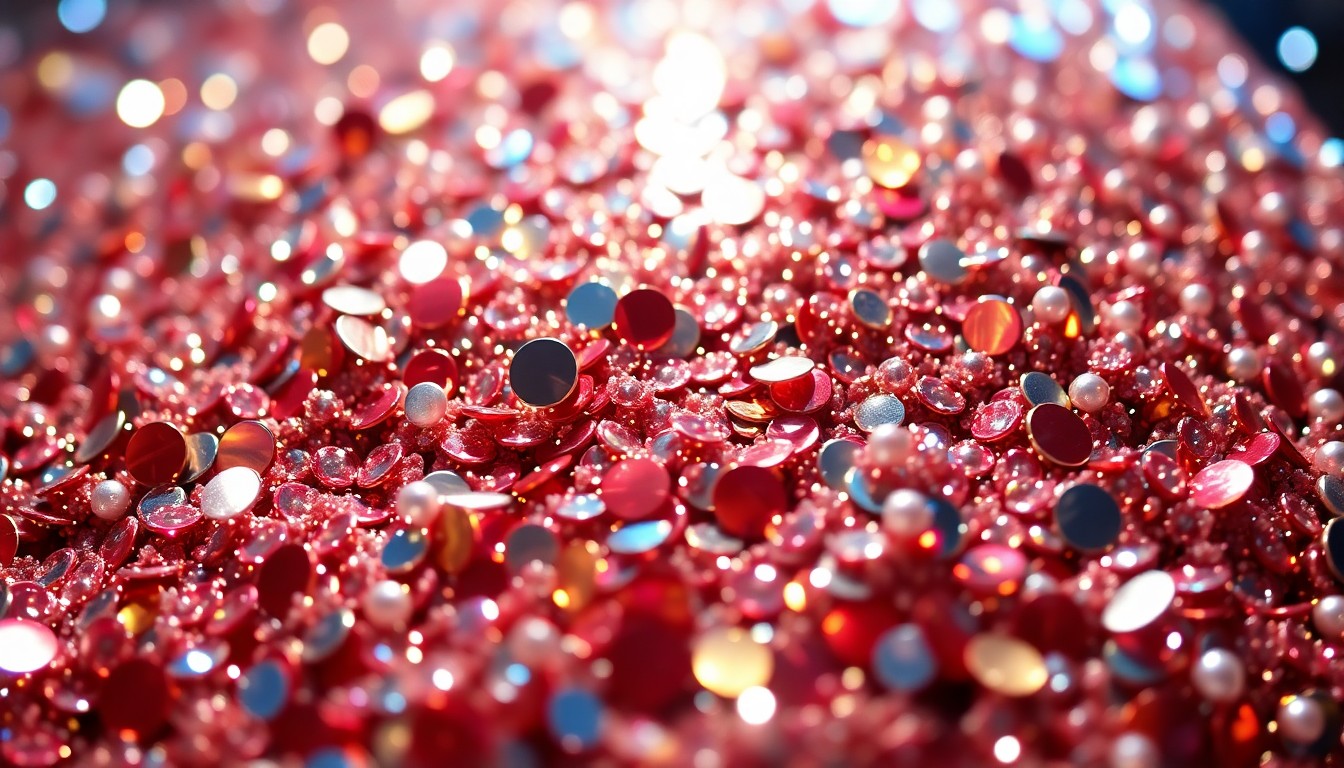 An abstract close-up photograph featuring a dramatic, high-contrast composition of shimmering, glittering textures in vibrant colors, conveying the celebratory and glamorous essence of the musical production.