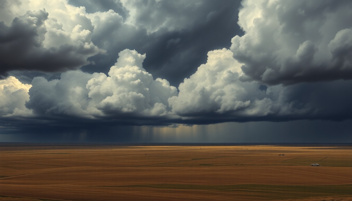 A vast, majestic landscape painting in muted tones of gray, blue, and green, with heavy rain clouds obscuring the horizon and dwarfing any small structures or vehicles caught in the frame. The scene conveys a sense of the overwhelming, sublime scale of the natural world and the raw power of the elements.