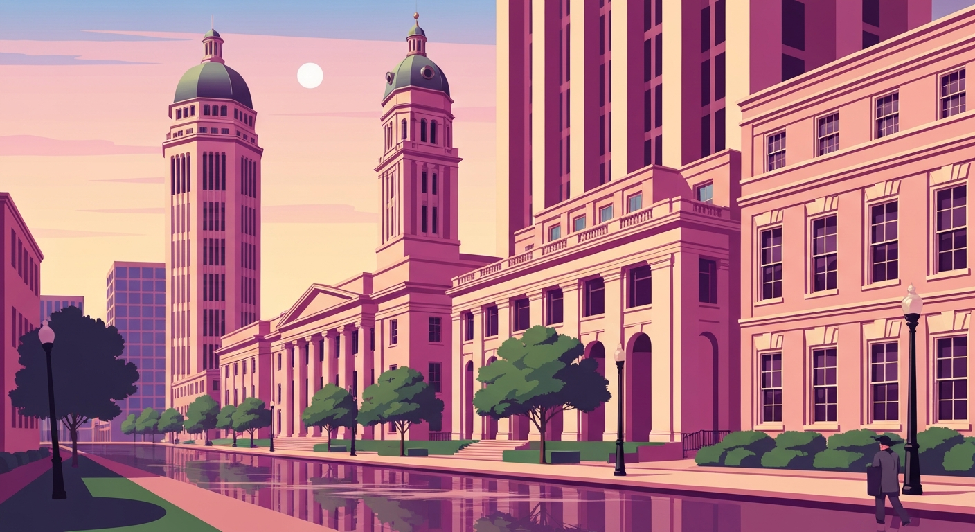 A highly stylized, geometric illustration depicting the sweeping, monumental architecture of Savannah, Georgia, with smooth airbrushed gradients in warm, earthy tones, conceptually representing the city's historic character and evolving tourism landscape.