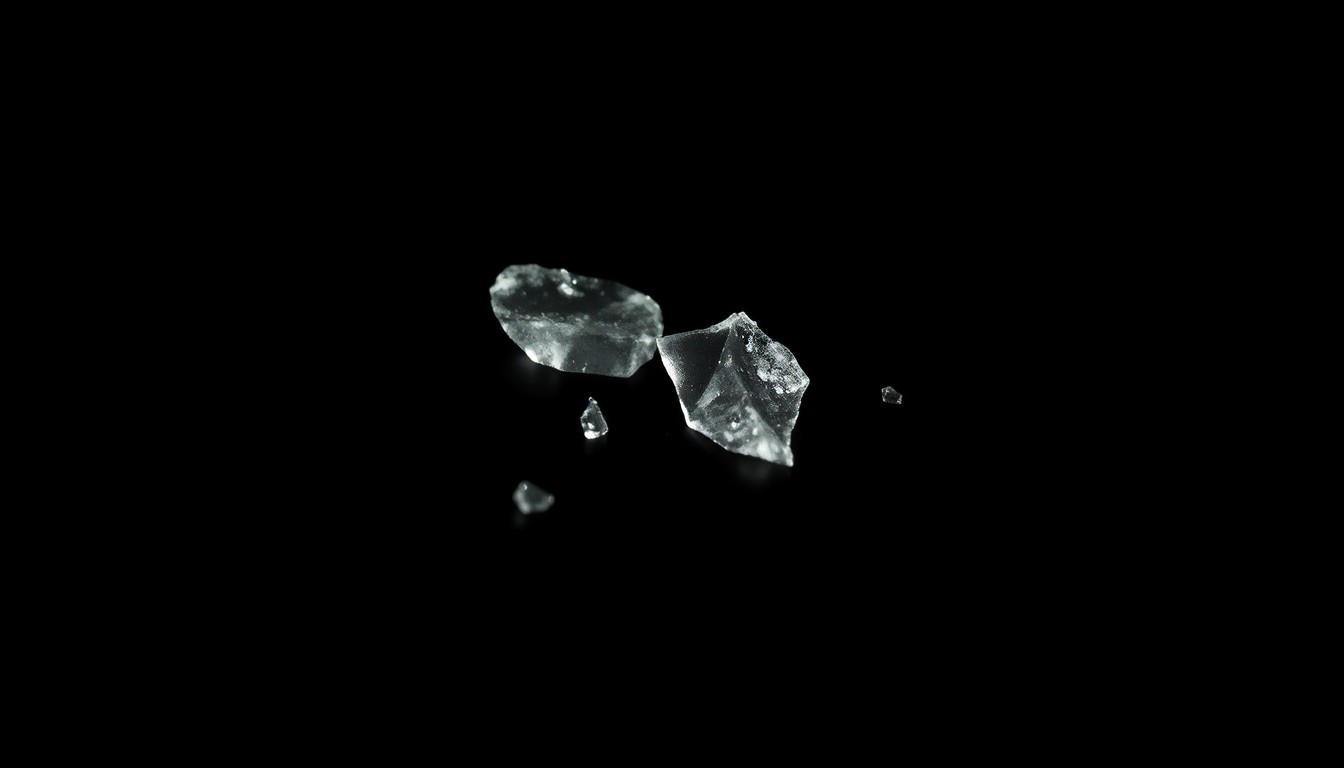 An extreme close-up photograph of a broken glass shard against a pitch-black background, lit by a harsh, direct camera flash to create a stark, gritty, investigative aesthetic.
