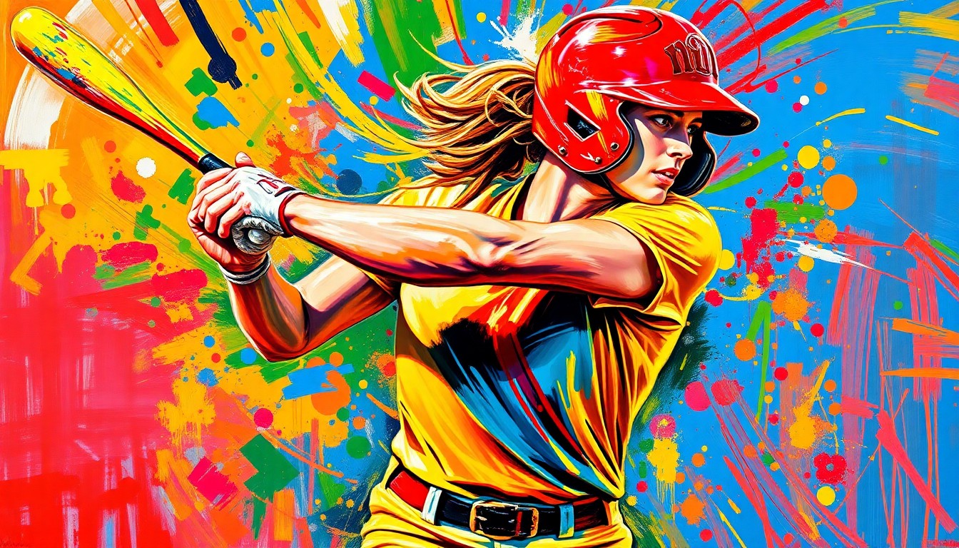 A vibrant, energetic painting in the style of LeRoy Neiman, with bold brushstrokes and neon colors capturing the raw athletic motion of a softball player mid-swing, their face and uniform details dissolving into abstract splatters of paint.