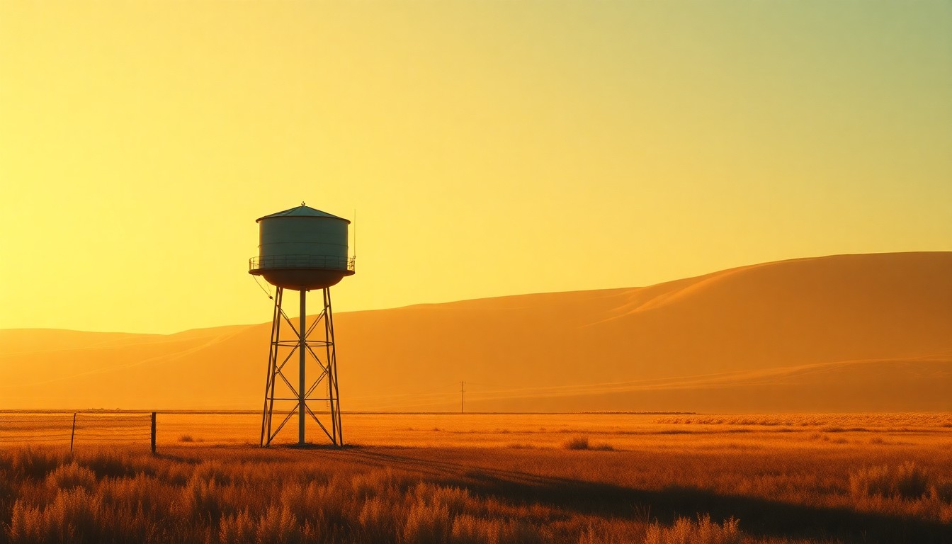 A solitary rural water tower painted in a warm, cinematic style, with diagonal sunlight and deep shadows, conveying the importance of water infrastructure in remote areas.