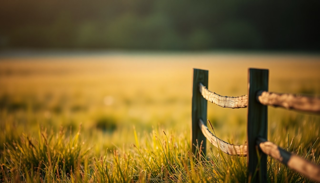 An abstract, out-of-focus photograph of a wooden fence in a grassy field, with soft, warm pools of light and color, conceptually representing the sanctuary's mission to provide a peaceful, secure environment for rescued animals.