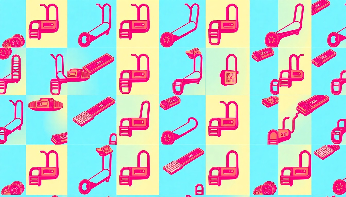 A brightly colored, high-contrast silkscreen print of a single, iconic swimming pool ladder repeated in a tight grid pattern, conceptually representing the importance of durable pool construction.