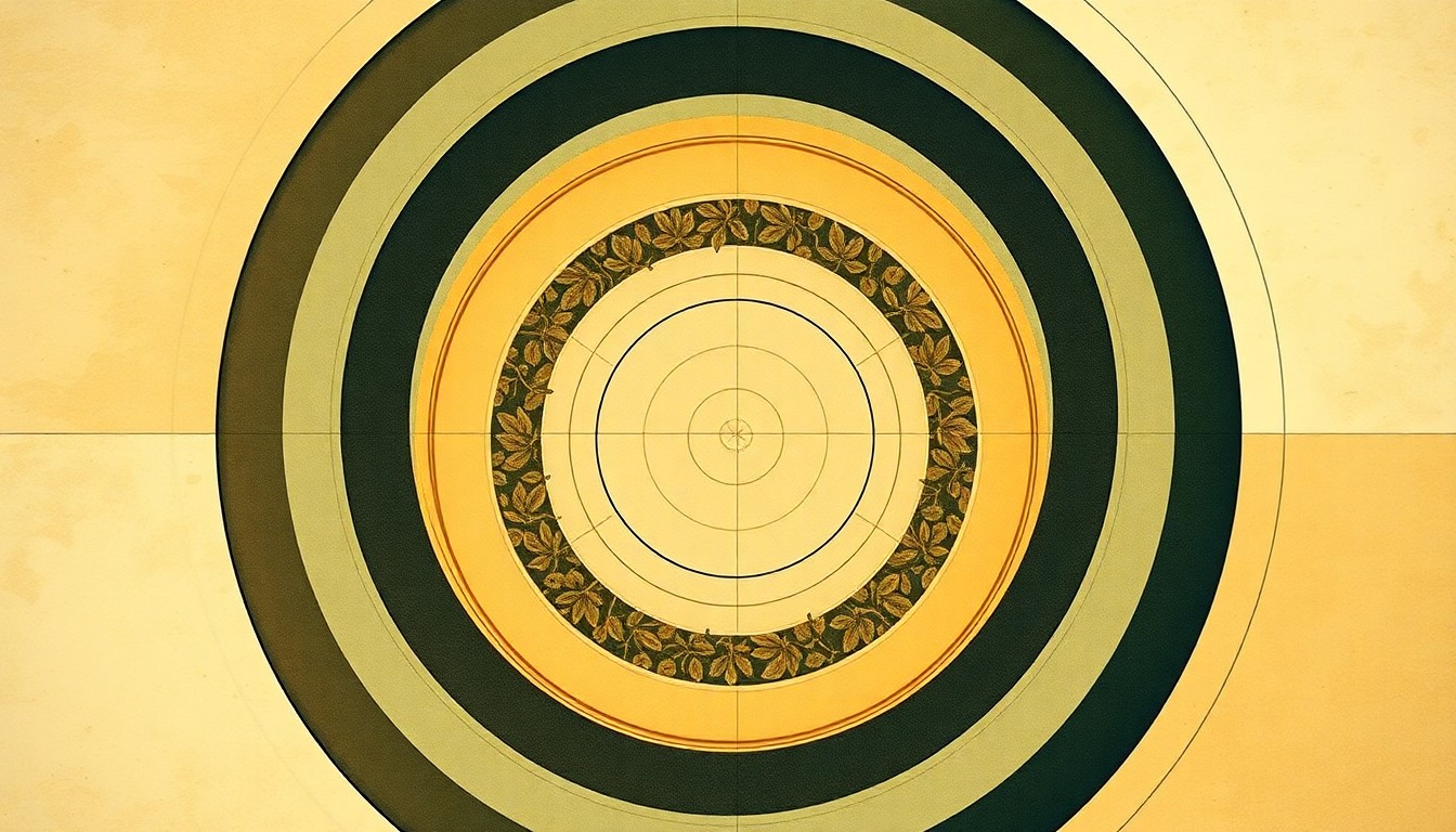 A bold, abstract painting in muted greens, browns, and blues, featuring sweeping geometric shapes, concentric circles, and precise botanical spirals, conveying the interconnected nature of agriculture, science, and technology.