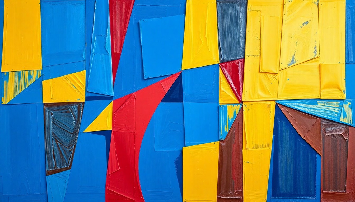 A cubist, geometric painting depicting the energy and action of a basketball game, with sharp, overlapping planes of color representing the dynamic movements and competition on the court.