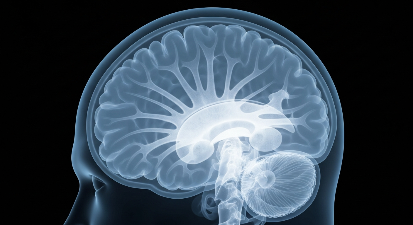 An ethereal, X-ray-like image showing the intricate inner structures of a human brain, conveying the scientific advancements in Parkinson's disease treatment.