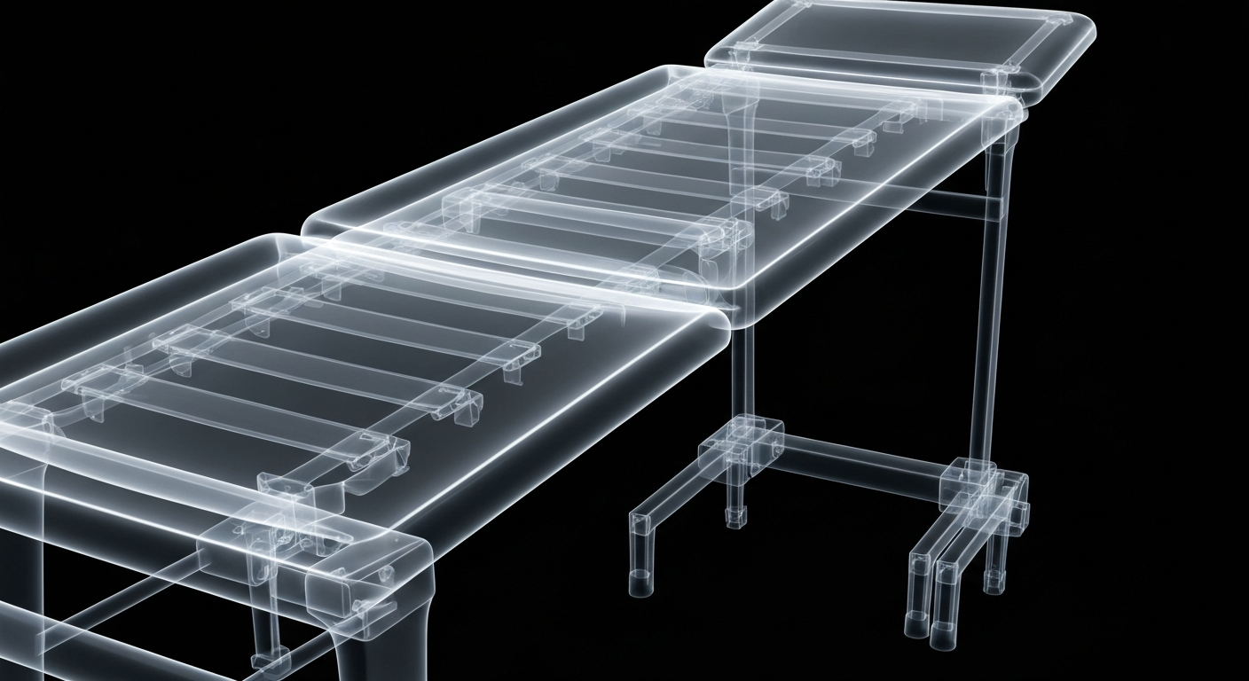 An extreme close-up X-ray photograph revealing the internal structure of a medical exam table, conceptually illustrating the sustainable practices being implemented by outpatient healthcare clinics.