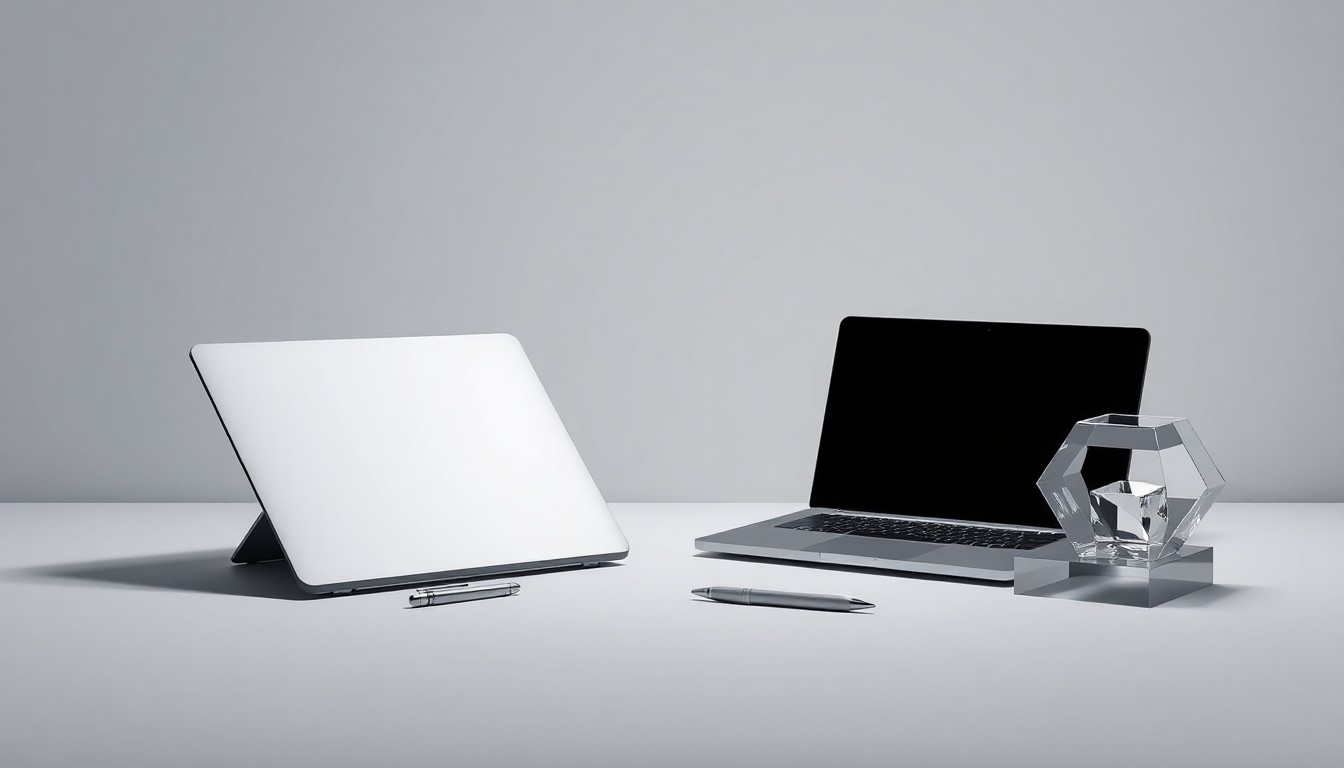 A photorealistic studio still-life featuring a collection of sleek, geometric business objects like a laptop, pen, and paperweight arranged elegantly on a clean, monochromatic background, conveying the polished, strategic approach of the new Iconic Brand Group consulting firm.