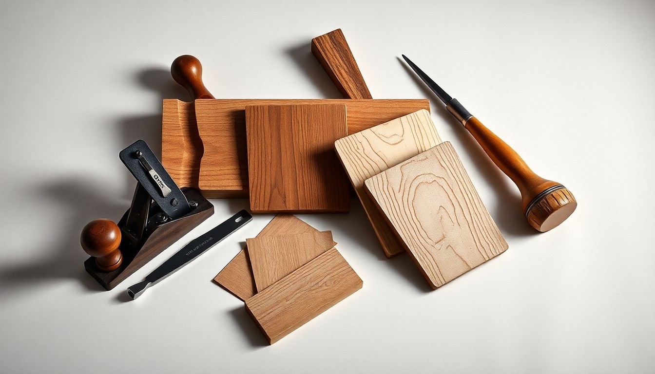 A high-end, photorealistic studio still-life photograph featuring a hand plane, chisel set, and samples of different wood grains arranged elegantly on a clean, monochromatic background, conceptually representing the attention to detail and craftsmanship involved in carpentry work.