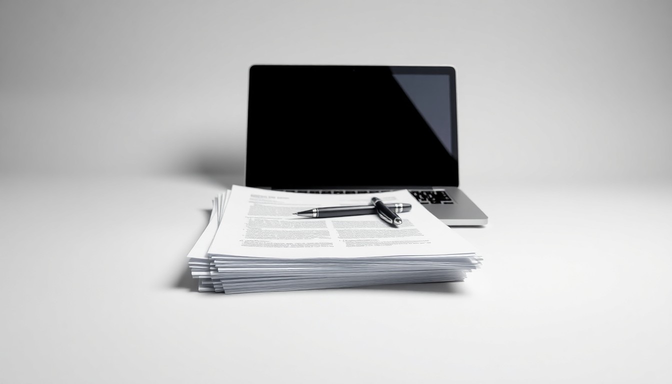 A photorealistic studio still life featuring a stack of legal documents, a laptop, and a pen arranged elegantly on a clean, white background, symbolizing the digital transformation of immigration law services.