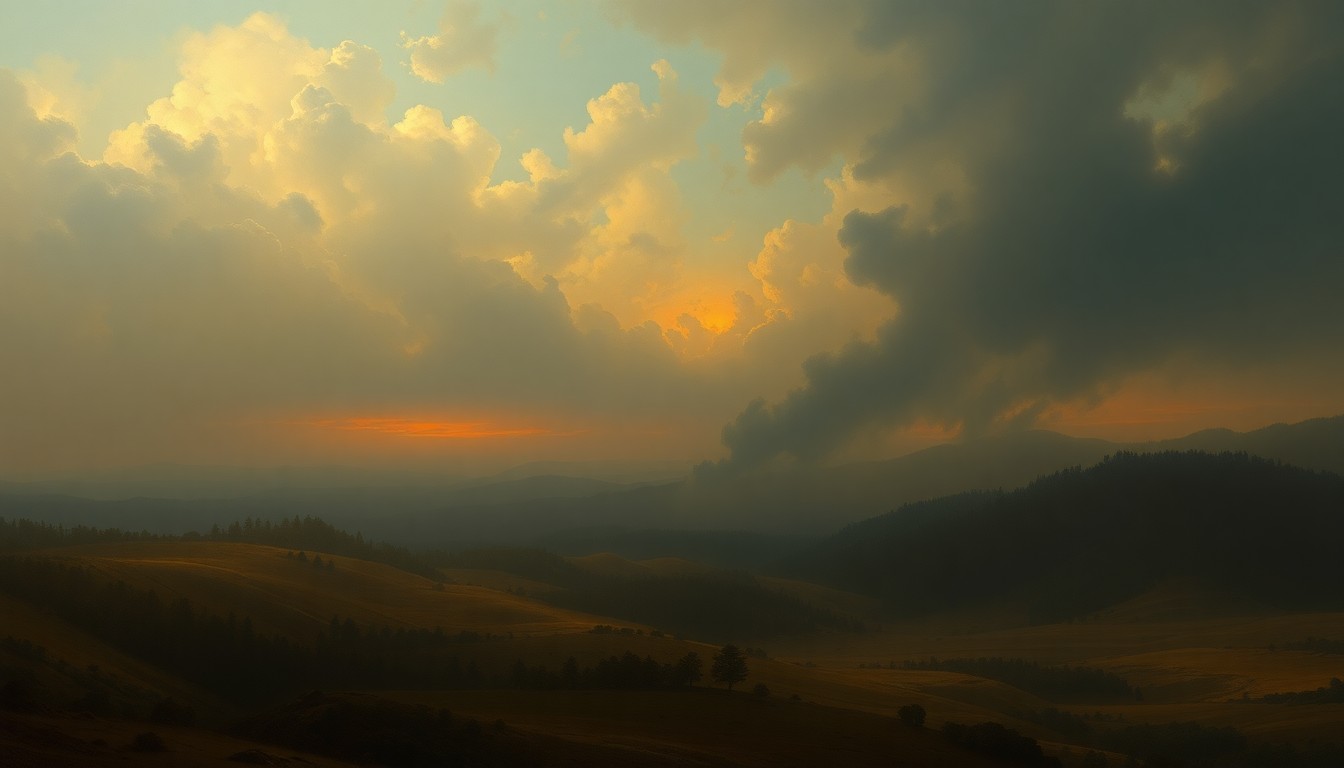 A sweeping, atmospheric landscape painting in muted earth tones, with a distant forest fire burning on the horizon, conveying the overwhelming scale and power of a natural disaster.