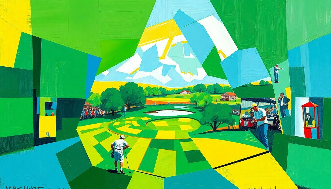 A cubist, geometric painting depicting a golf tournament, with overlapping planes of green, blue, and yellow hues representing the dynamic action and competition of the event.