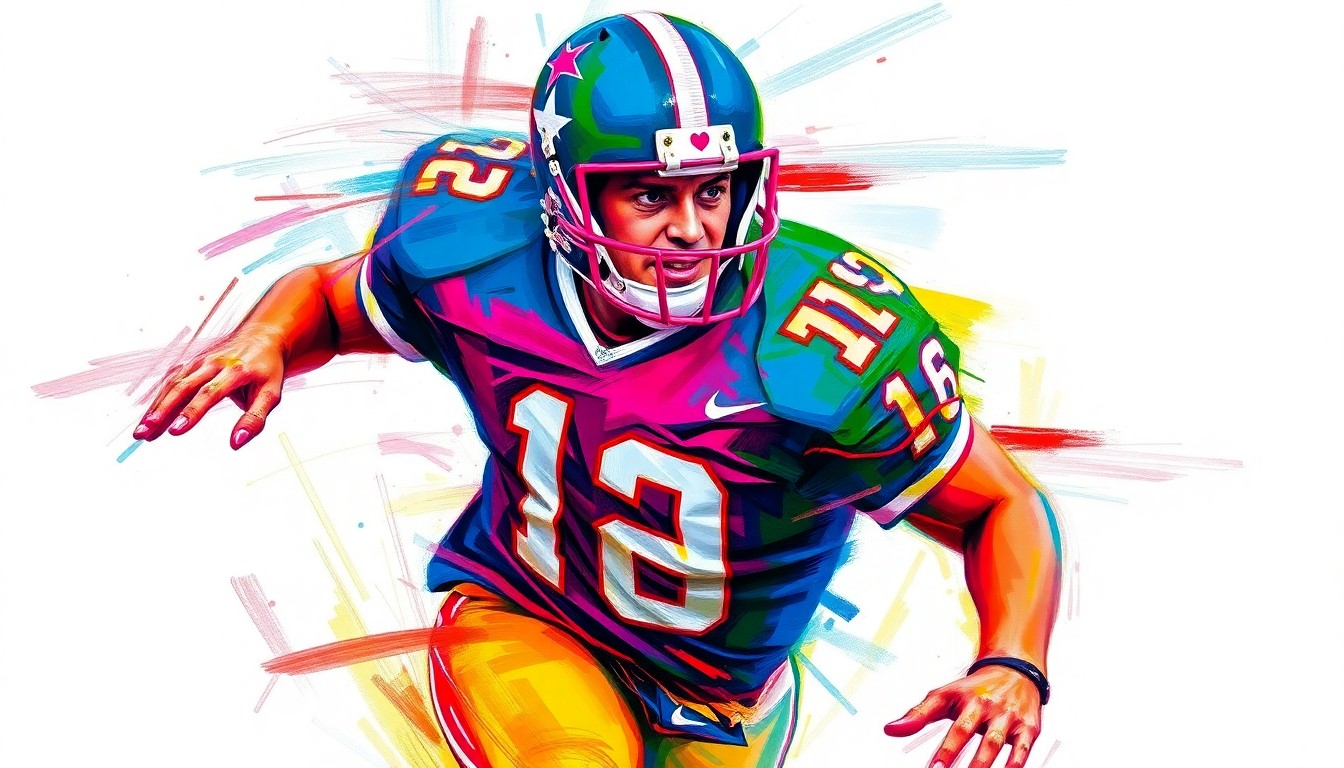 An abstract, expressionistic painting in neon colors depicting a blurred football player in mid-motion, capturing the dynamic energy of a rising sports star.