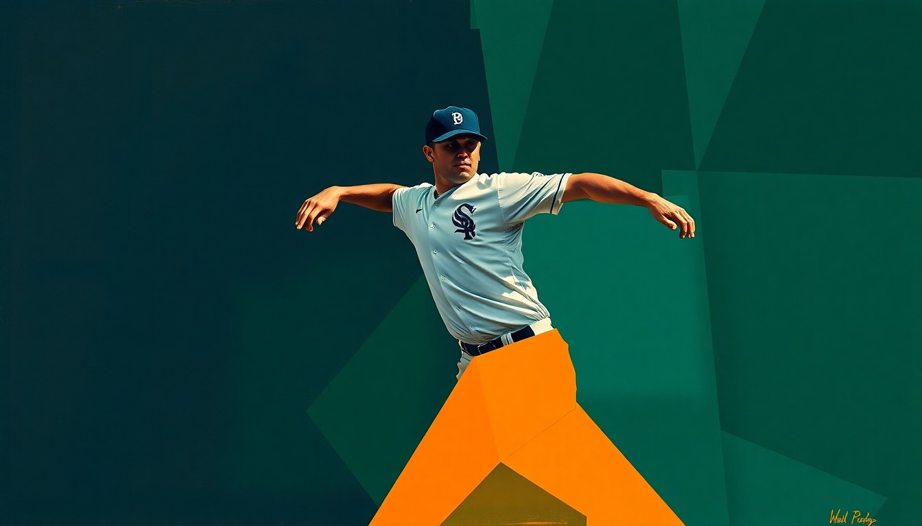 A cubist, geometric painting depicting a baseball pitcher's windup and delivery broken down into overlapping planes of navy, forest green, and burnt orange, capturing the dynamic motion of the sport.