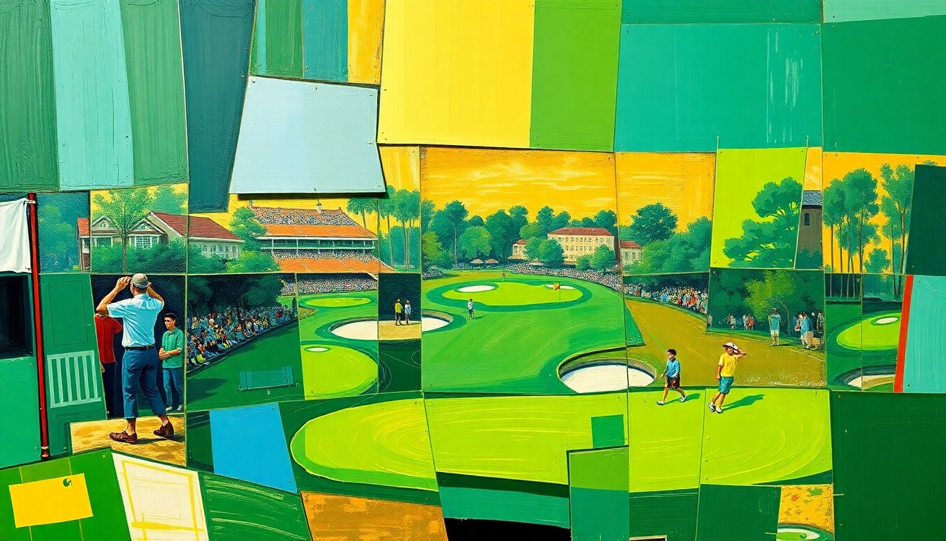 A cubist-style painting depicting a fragmented, multi-angled view of a golf tournament scene, with the course and players broken down into sharp, overlapping geometric shapes and planes in vibrant green, gold, and blue hues.