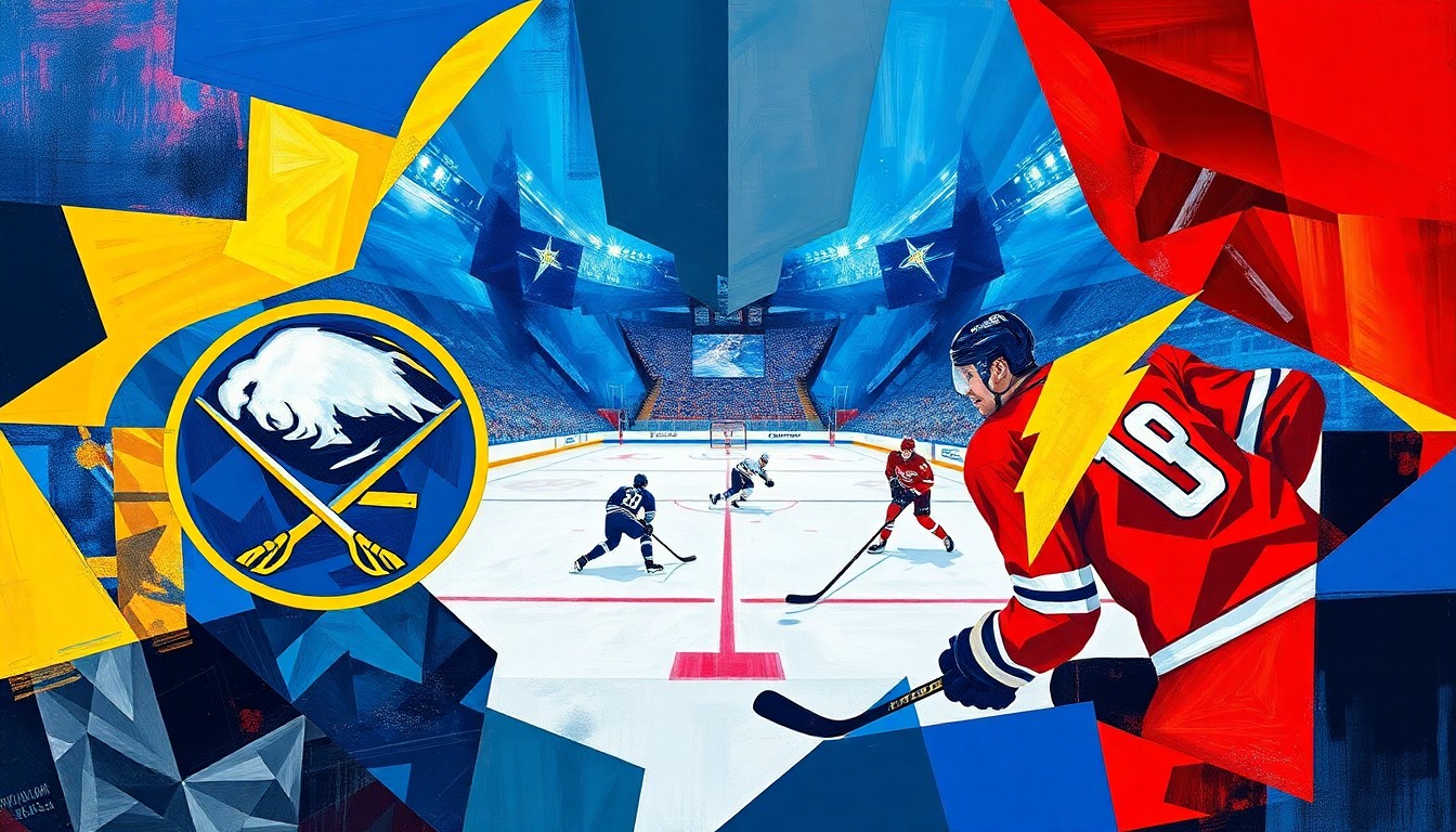 A cubist-style painting depicting a hockey game between the Buffalo Sabres and Tampa Bay Lightning, with the players and action broken down into sharp, overlapping geometric shapes and planes in vibrant blue, gold, and red colors.