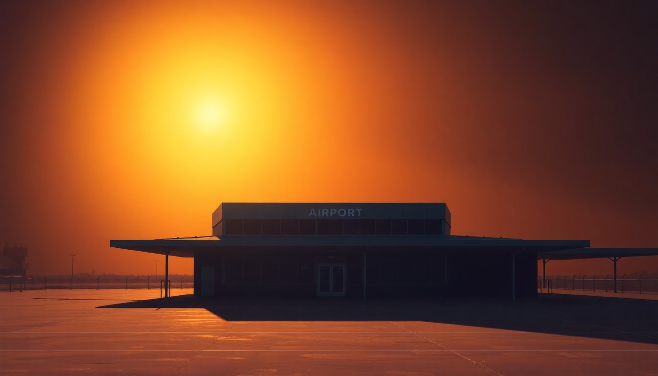 A serene, photorealistic painting of an airport terminal building with a warm, golden glow from the setting sun casting long shadows across the facade, conveying a sense of quiet contemplation about the political implications of the name change.