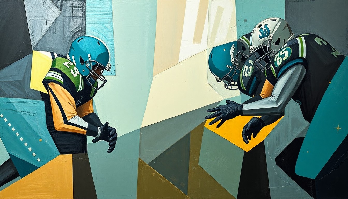 A cubist, geometric painting depicting the fragmented elements of a football offensive line, with sharp, overlapping planes in shades of teal, gold, and charcoal, conveying the uncertainty and complexity surrounding the Jaguars' offensive line situation.