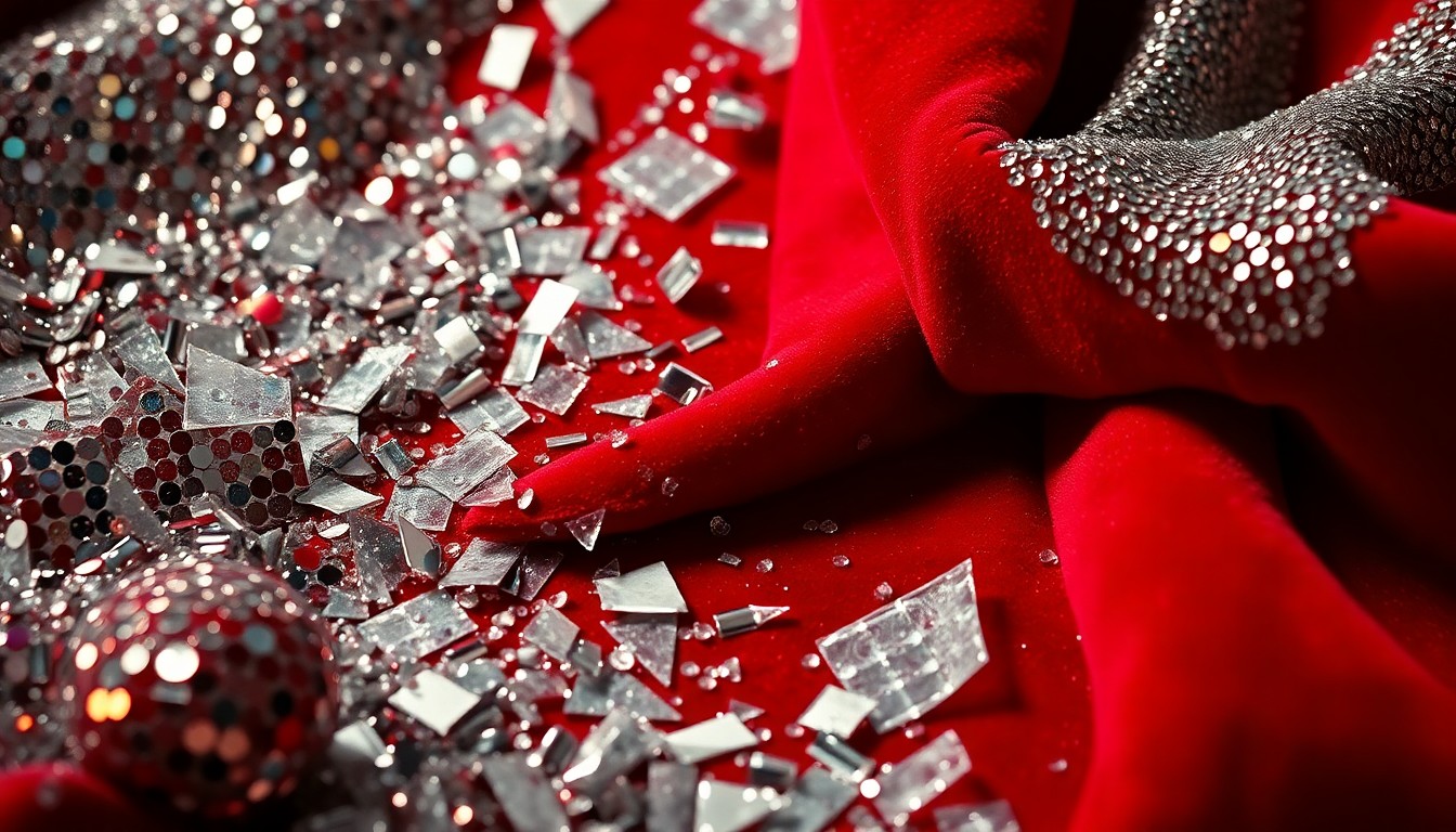 An extreme close-up photograph of shimmering sequins, shattered glass, and luxurious velvet textures, creating a conceptual, glamorous representation of the Broadway revival of The Rocky Horror Show.