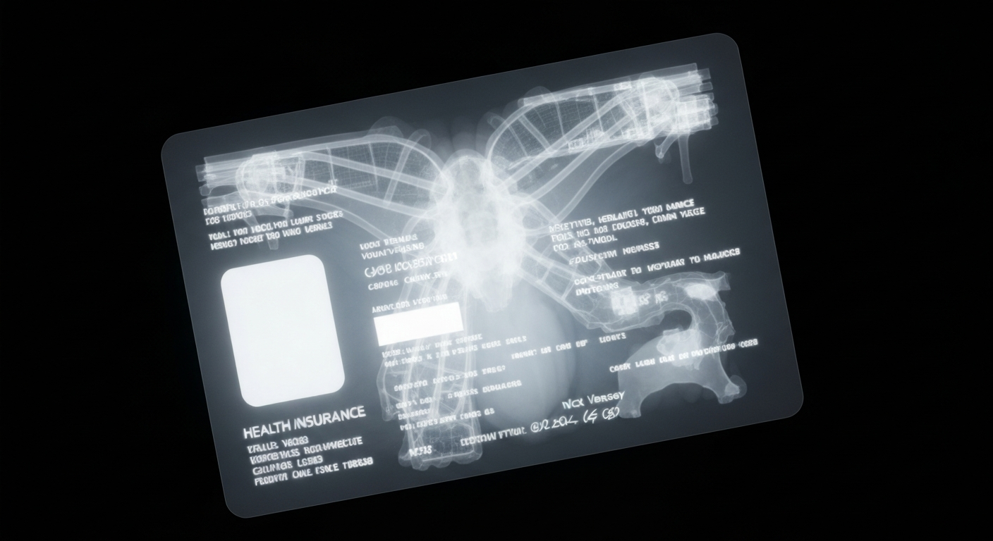 An extreme close-up X-ray photograph revealing the layered components and circuits of a health insurance card, conceptually illustrating the technological complexity of health insurance administration.