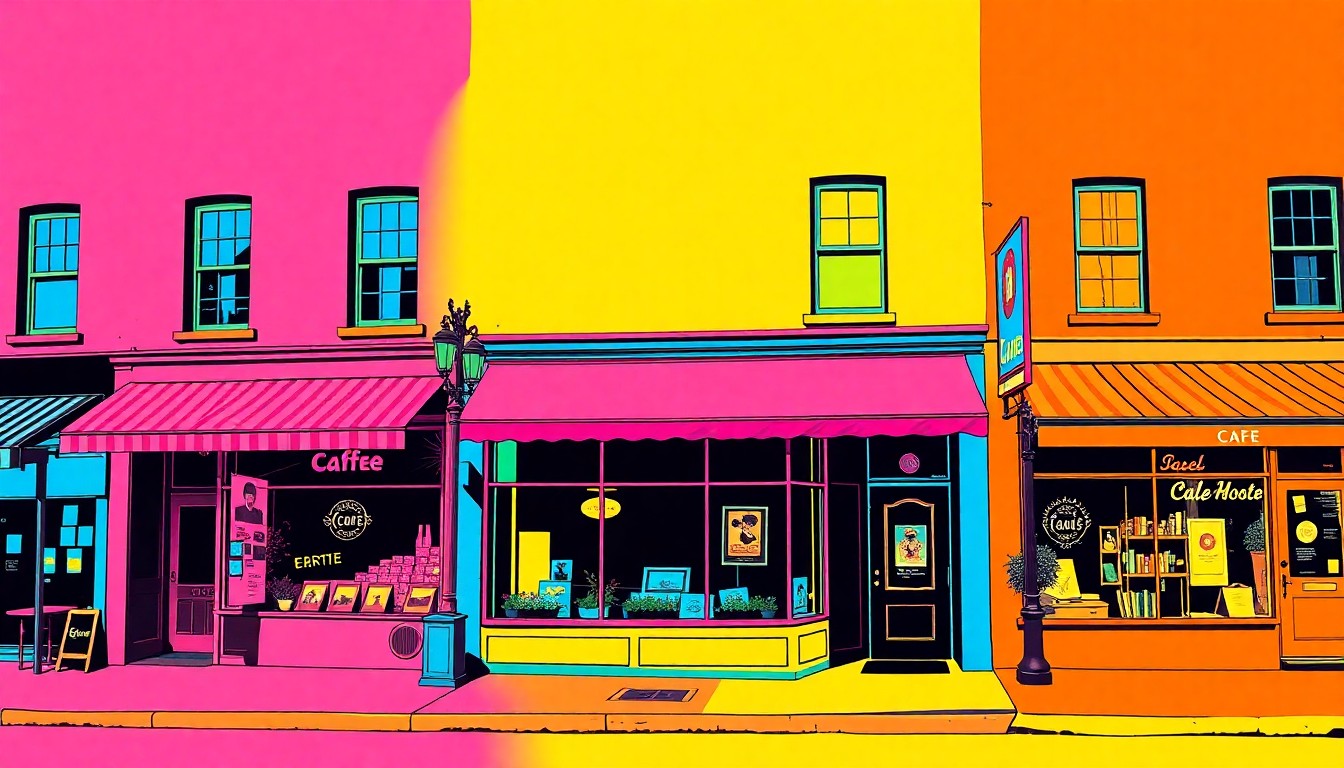 A bold, colorful silkscreen illustration featuring a repeated image of a quaint New Hope storefront, conceptually representing the town's thriving creative community and independent spirit.