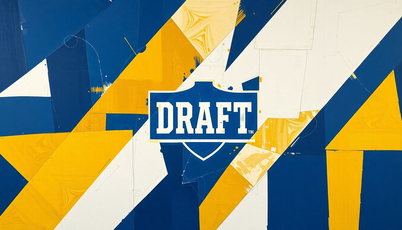 A dynamic, cubist-style painting featuring fragmented geometric shapes and planes in navy blue, gold, and white, conceptually representing the energy and excitement of the NFL Draft.