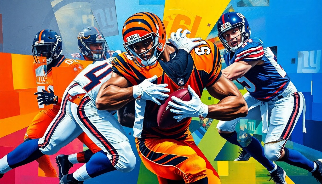 A fragmented, geometric painting depicting a defensive tackle in motion, with sharp planes of orange, black, blue, and red representing the Bengals and Giants uniforms, conveying the raw energy and power of an elite interior defensive lineman.