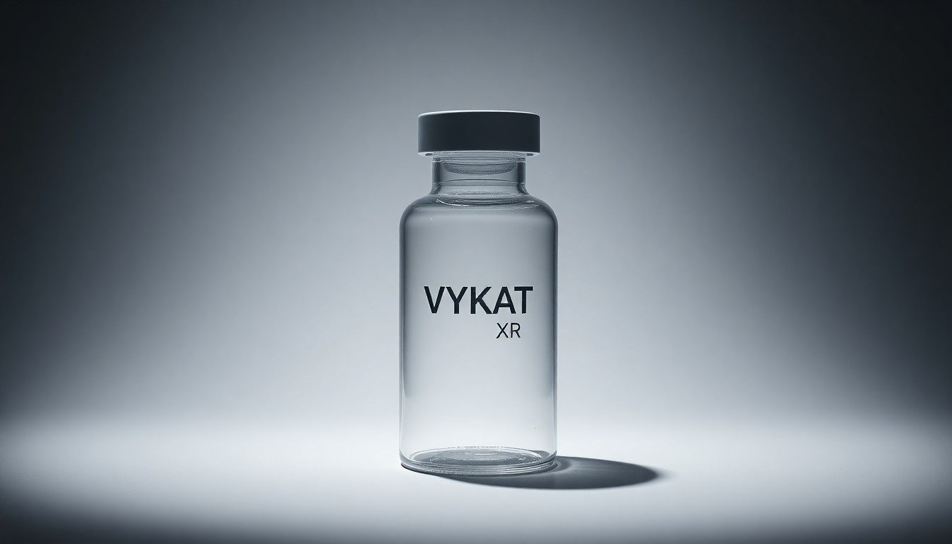 A close-up photograph of a sleek, modern glass medicine bottle with the VYKAT XR logo, resting on a clean, monochromatic background and dramatically lit to convey the gravity and importance of this new rare disease treatment.