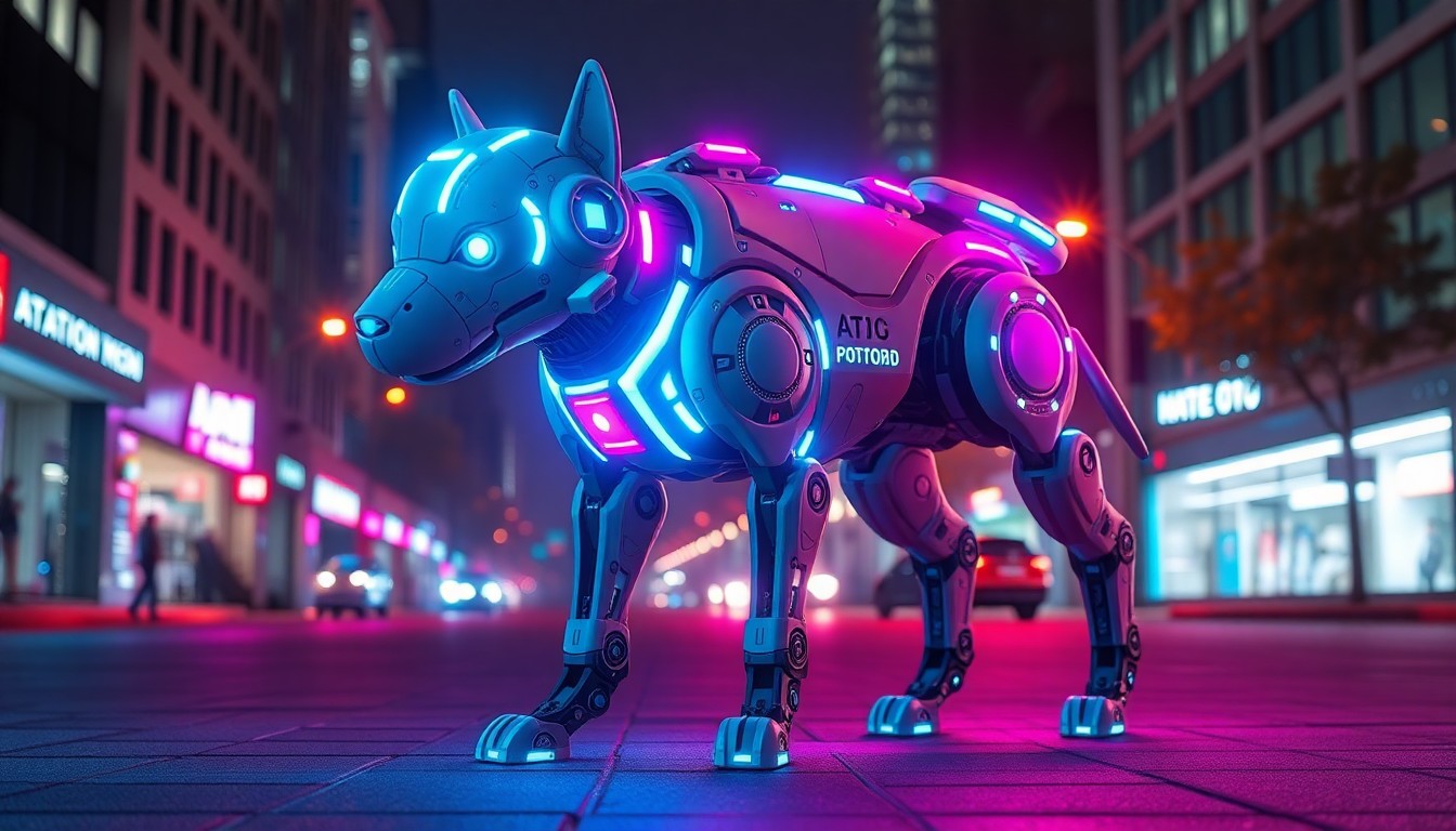 A highly detailed, glowing 3D illustration of an AI-powered robot dog with advanced sensors and cameras, patrolling an urban street at night. The robot's body is illuminated by neon cyan and magenta lights, giving it a futuristic, cybernetic appearance.